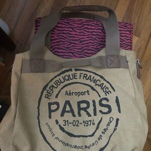 Beige Paris Tote Bag with Pink Zebra Print